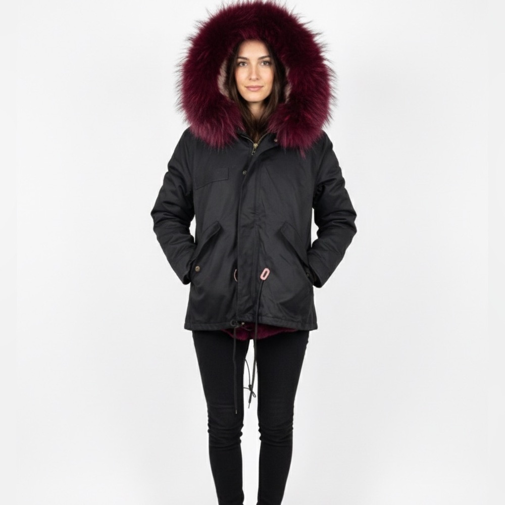 New Ava & Kris Amanda Black Utility Parka Jacket Burgundy Fur Trim Hood Sz S